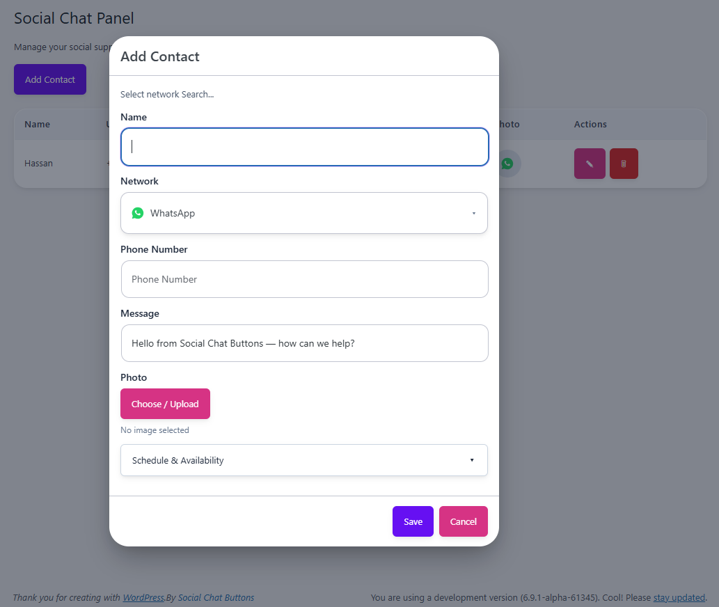 Preview of Social Chat Buttons plugin