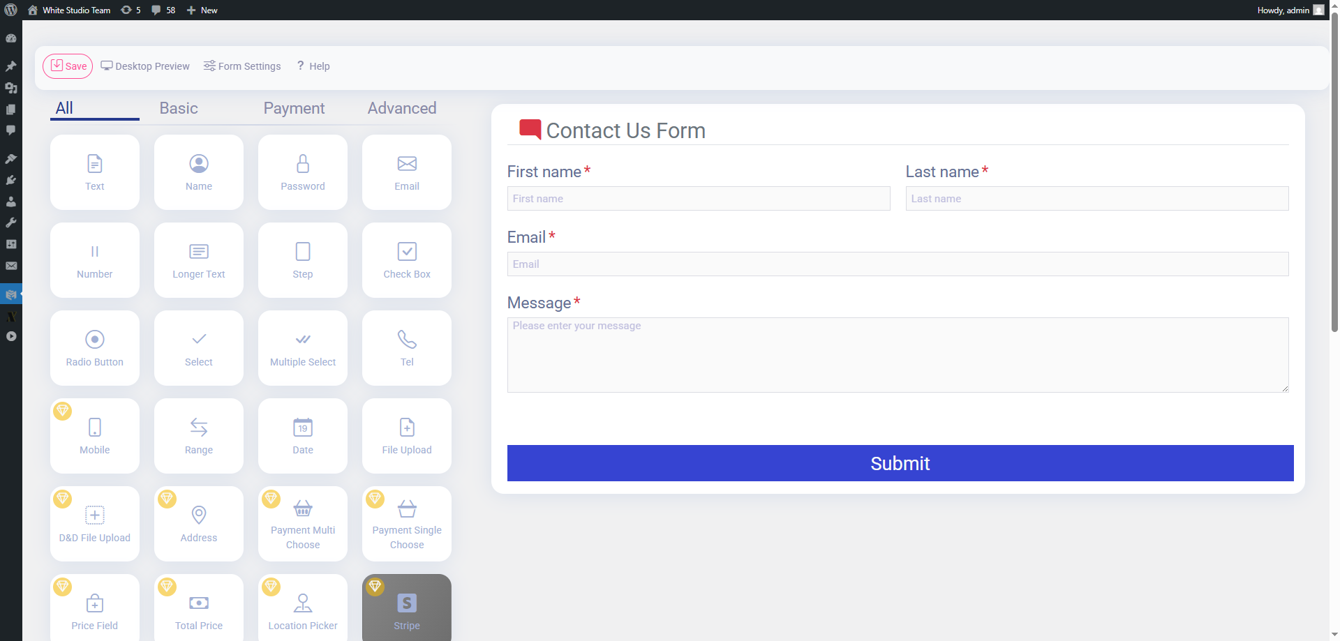 Easy Form Builder drag-and-drop editor inside the WordPress admin, showing the field palette on the left and a live Contact Us form preview on the right