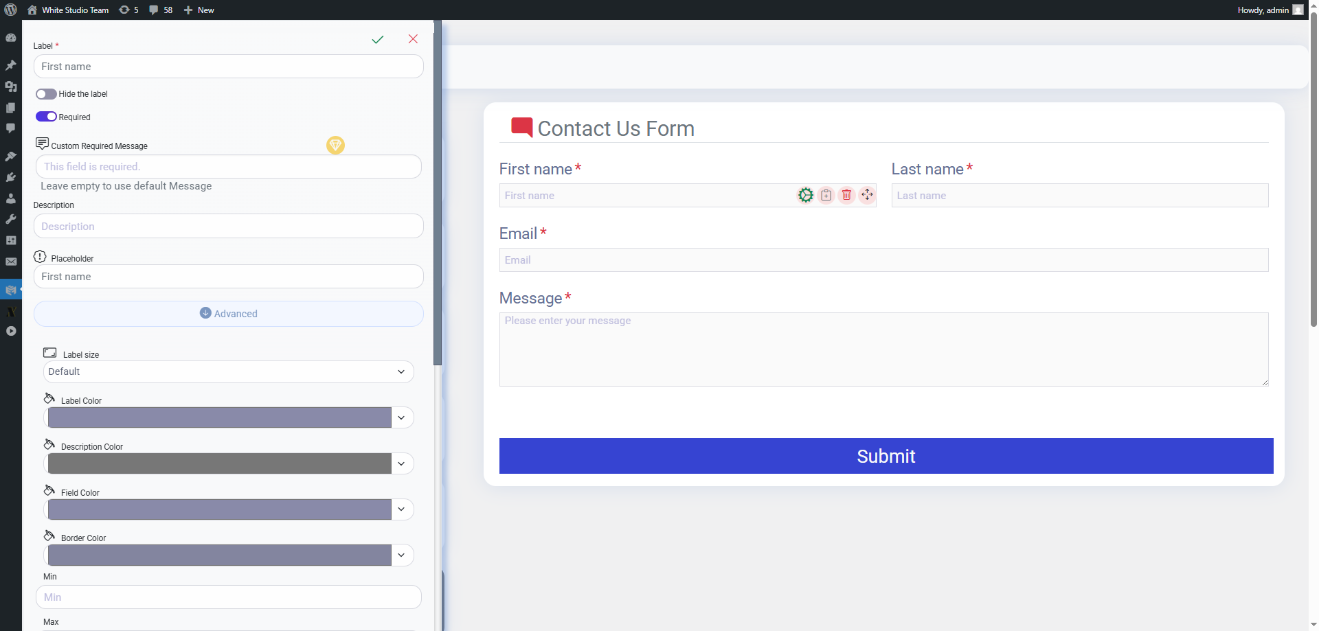 Field properties panel in Easy Form Builder, showing label, required toggle, description, placeholder, and advanced color and size options