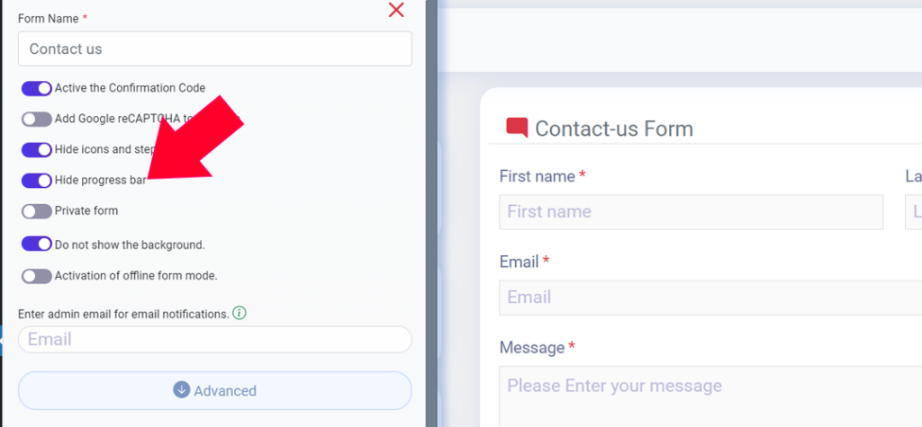 hide progress bar easy form builder