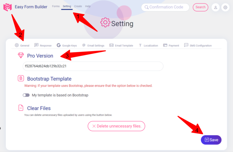 Entering the activation code in the Easy Form Builder Settings screen