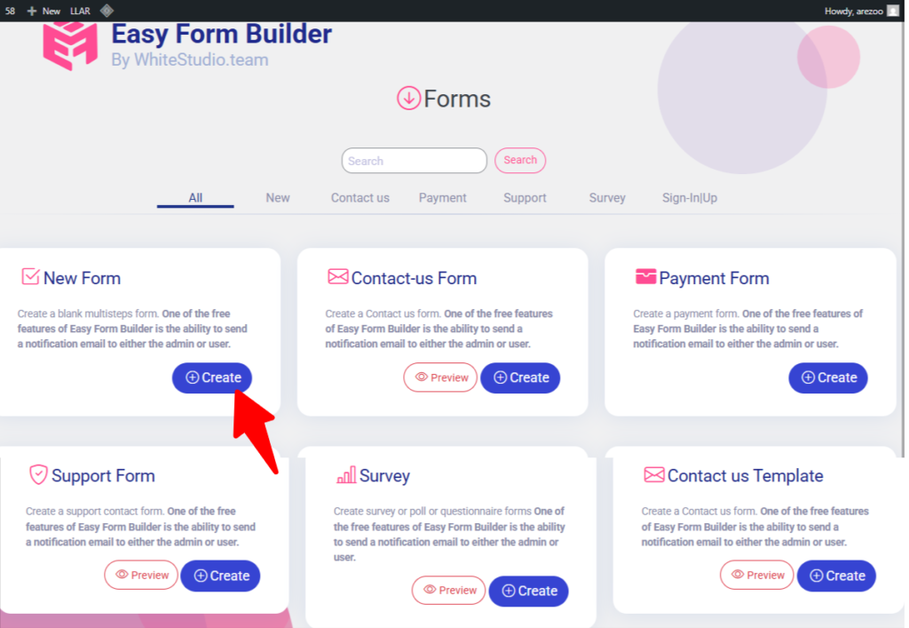 Screenshot of Easy Form Builder showing how create new form to add placeholder text to a form field