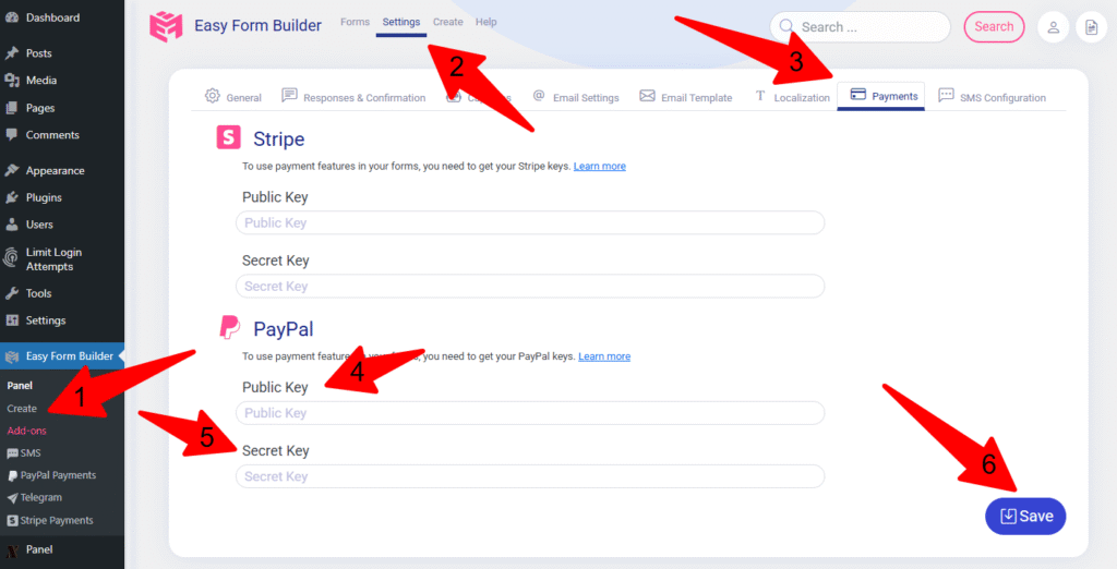 Add PayPal API keys in Easy Form Builder