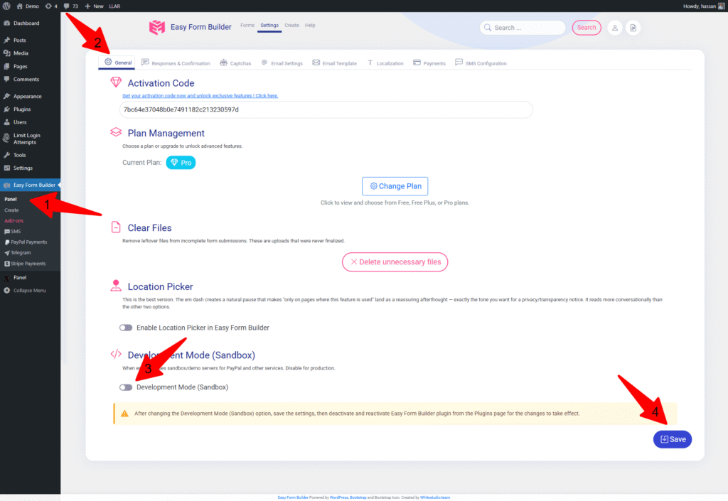 Enabling Development Mode (Sandbox) in Easy Form Builder