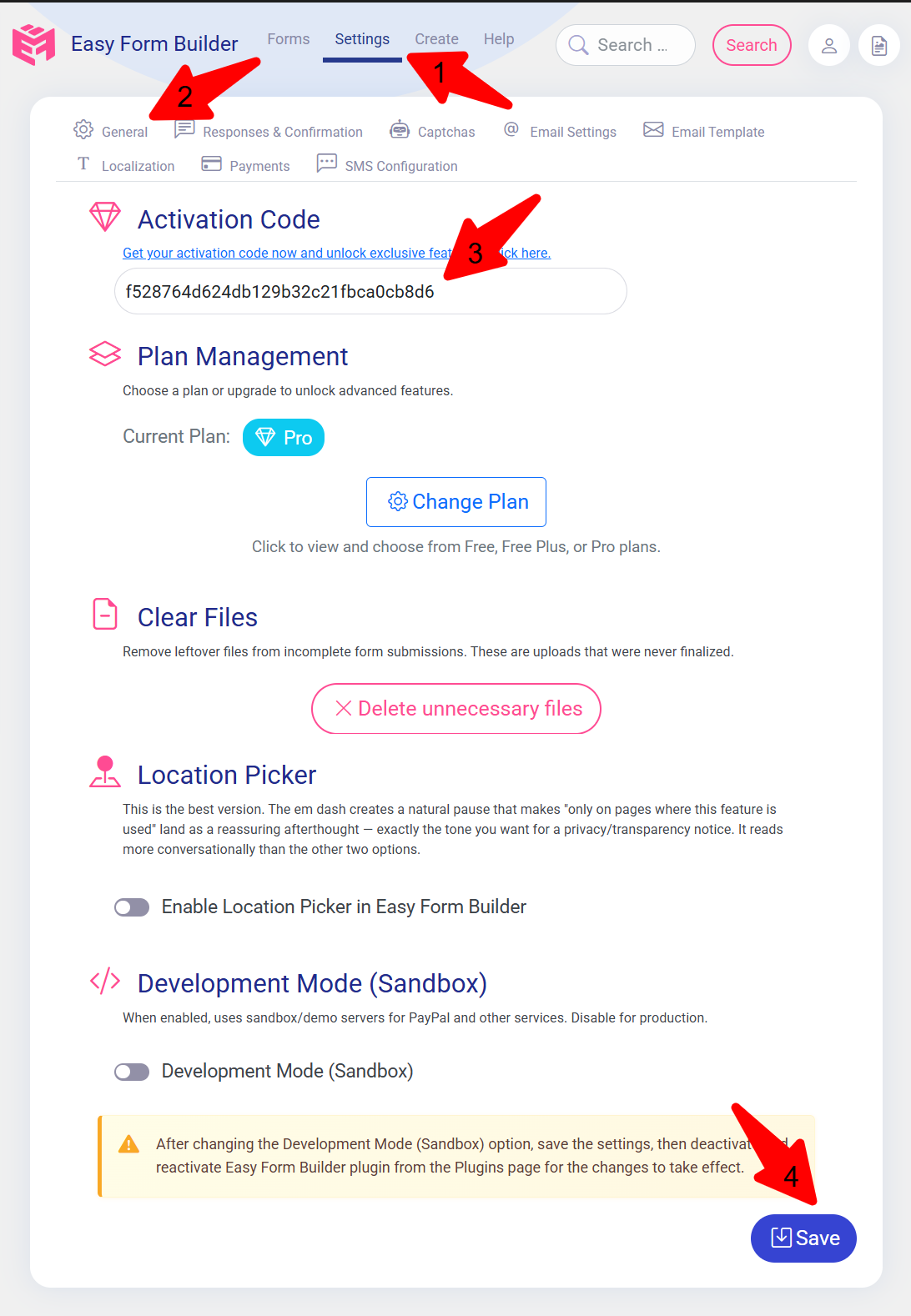 Entering the activation code in the Easy Form Builder Settings screen