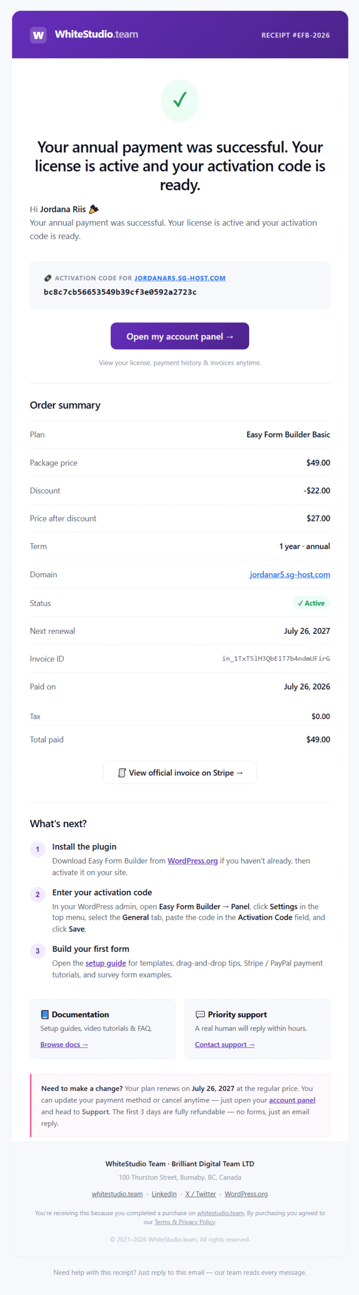 Payment Receipt and Activation Code email from Easy Form Builder