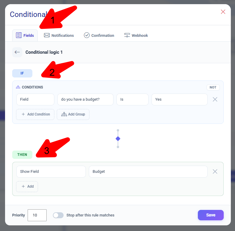 Easy Form Builder Conditional Logic panel showing the Add your first rule empty state