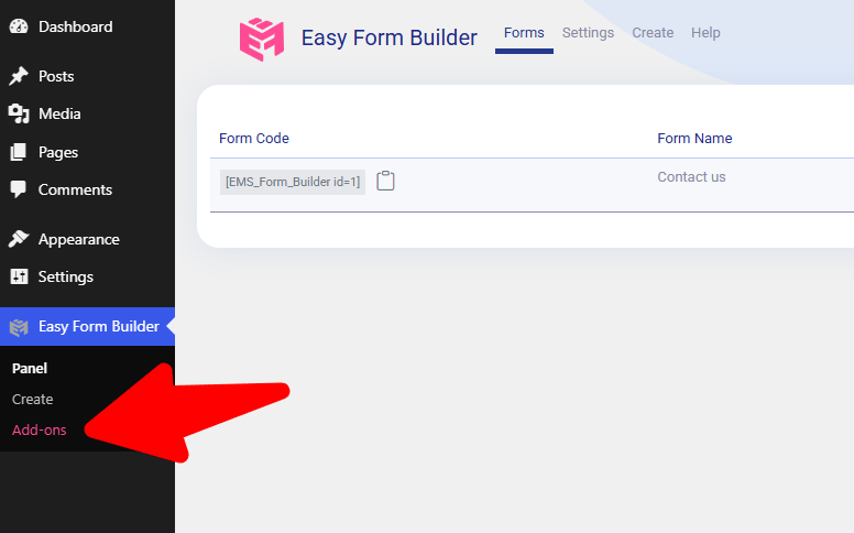 Easy Form Builder Add-ons page showing add-on cards with Install and Help buttons