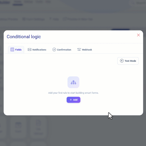 Conditional logic IF THEN rule builder with Select Field, operator, action, priority and Save