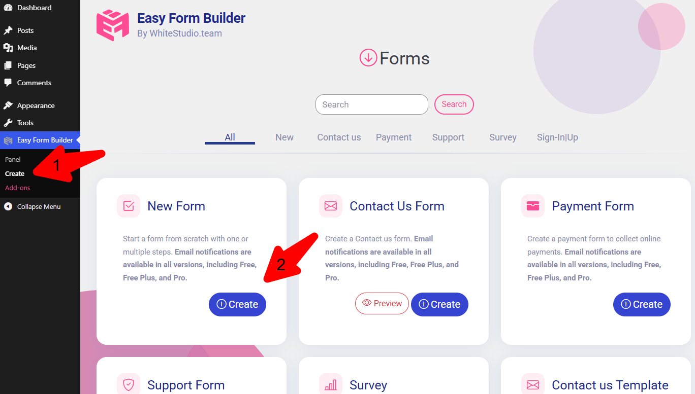 Easy Form Builder form editor with the drag-and-drop field palette on the left