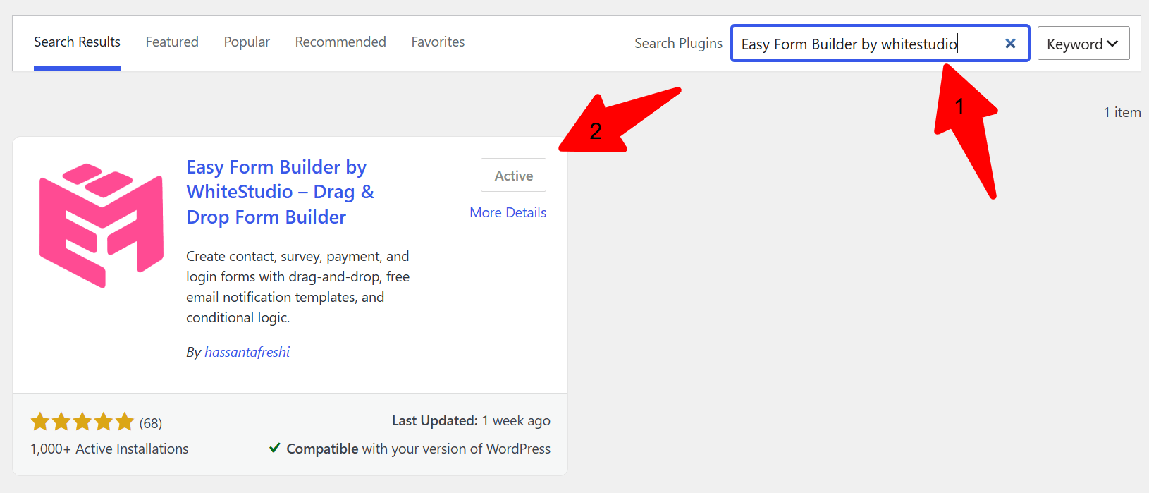 Easy Form Builder forms list open in the WordPress admin sidebar