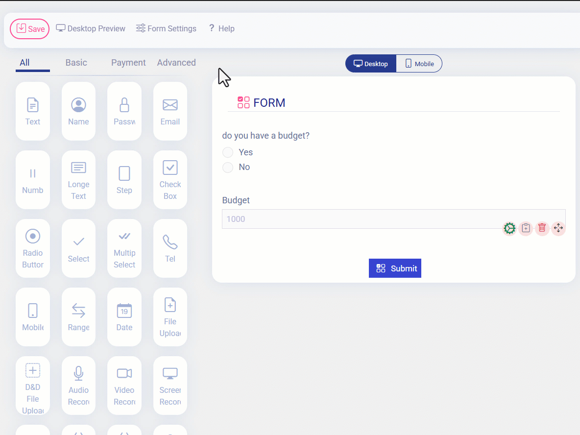 Easy Form Builder Form Settings panel showing the Conditional logic button