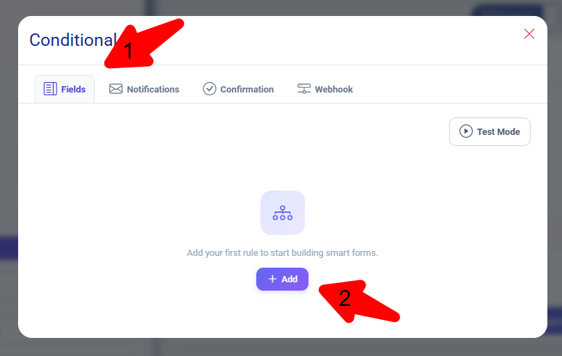 Fields tab IF THEN rule builder showing Select Field, Is, Show Field, priority and Save