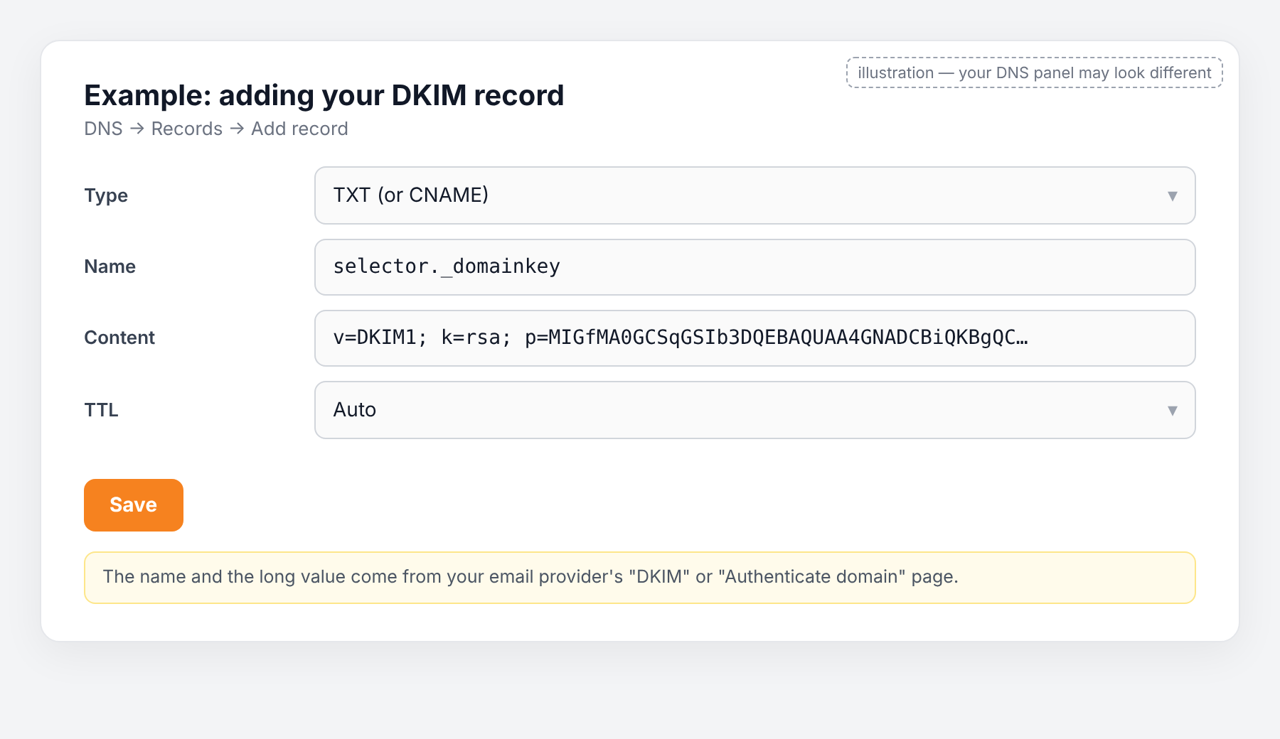 Example of a DKIM record being added in a DNS panel