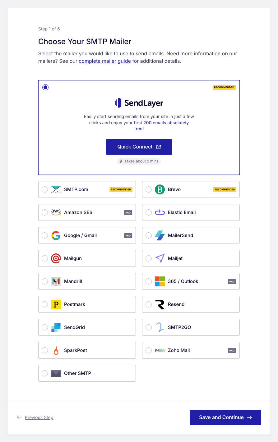 Easy WP SMTP Setup Wizard: choose the email service (mailer) you want WordPress to send through