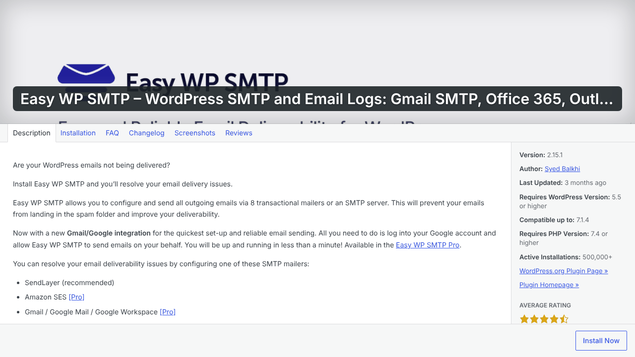 The WordPress plugin page that opens after pressing Install (here Easy WP SMTP), with the Install Now button at the bottom right