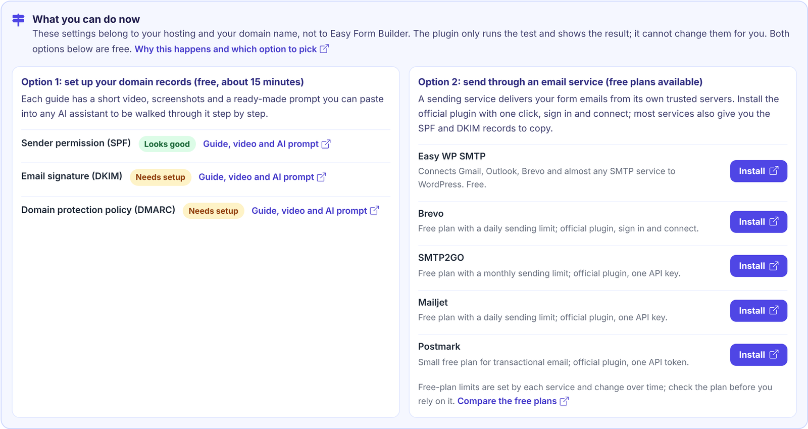 Option 2 in the Easy Form Builder email test: email services with an Install button