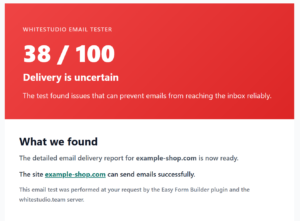 Sample WordPress email report with a low score of 38 out of 100, SPF marked red and DKIM and DMARC marked amber